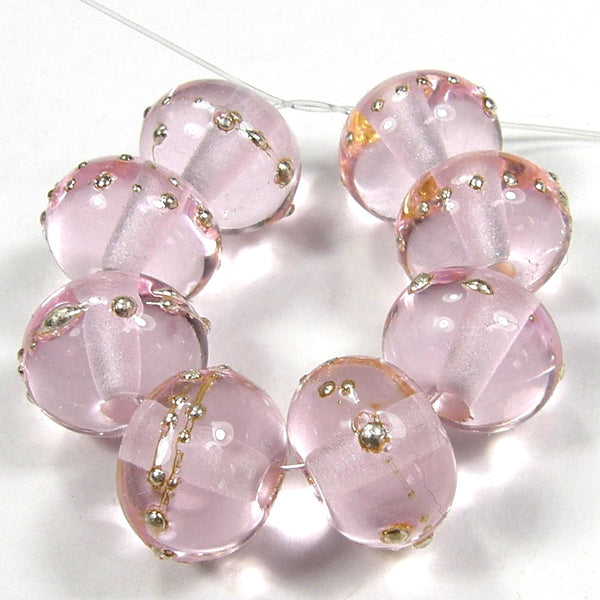 Handmade Lampwork Glass Beads, Rose Quartz Pink Silver Shiny Glossy 067gfs