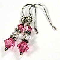 Dainty Pink and Clear Swarovski Crystal Dangle Earrings Sterling Handmade
