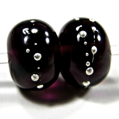 Handmade Lampwork Glass Beads, Dark Amethyst Purple Silver Shiny 044gfs