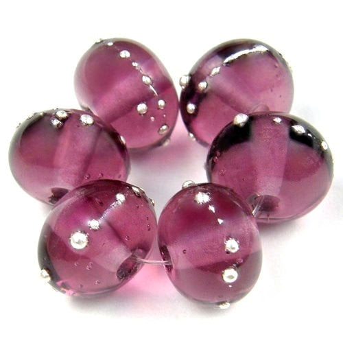 Handmade Lampwork Glass Beads, Light Amethyst Purple Silver Shiny 040gfs