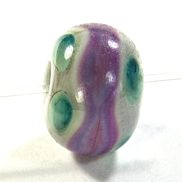 Handmade Lampwork Glass Beads, Green Dots Purple Band Pearl Gray Shiny