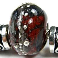 Handmade Large Hole Lampwork Beads, Encased Red Matrix Glass Charm Silver