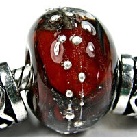 Handmade Large Hole Lampwork Beads, Encased Red Matrix Glass Charm Silver