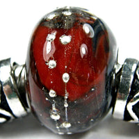 Handmade Large Hole Lampwork Beads, Encased Red Matrix Glass Charm Silver