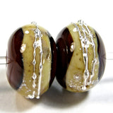 Handmade Lampwork Glass Band Beads, Red Flint Silvered Ivory Band Silver