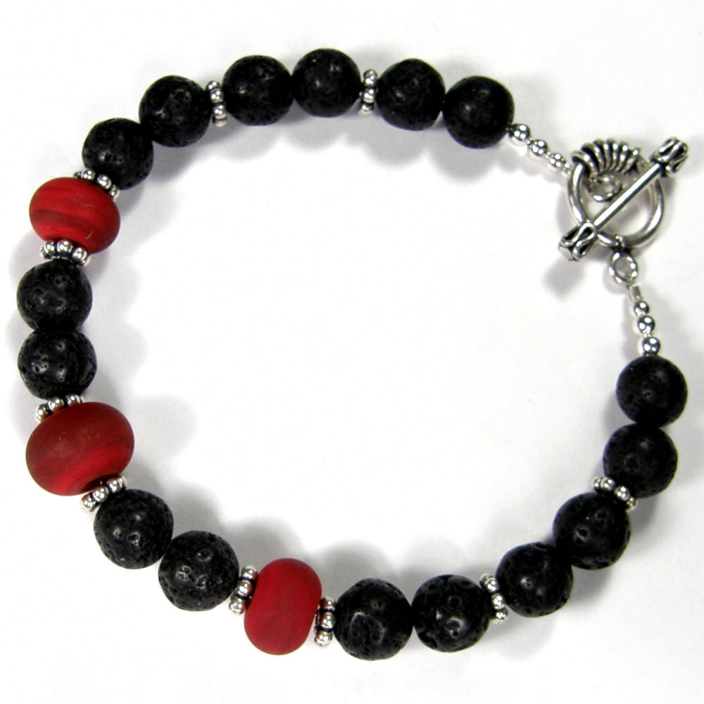 Black Lava Rock and Red Lampwork Bracelet
