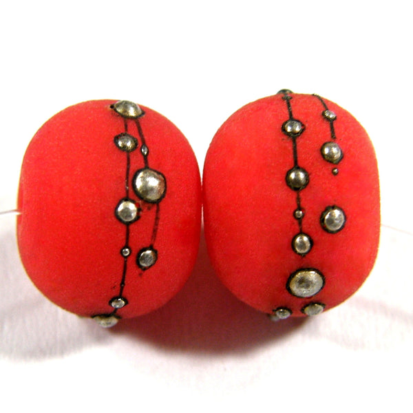 Handmade Lampwork Glass Beads, Light Red Fine Silver Etched 428efs