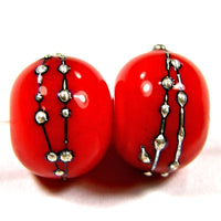 Handmade Lampwork Glass Beads, Light Red Fine Silver Shiny 428gfs