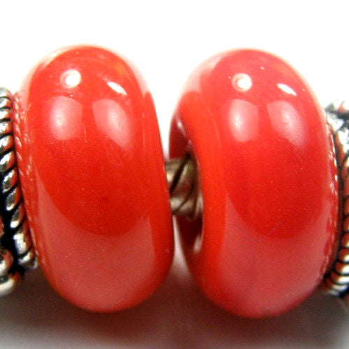 Handmade Large Hole Lampwork Beads, European Bracelet Charm, Red Orange, Shiny