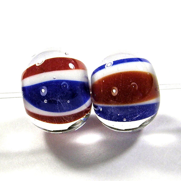 Handmade Lampwork Glass Beads, Patriotic Red White Blue Stripes Encased Shiny