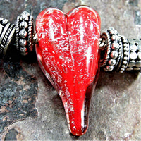 Handmade Large Hole Lampwork Beads, Glass Heart, Red Silver Dichroic
