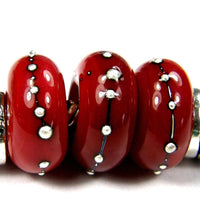 Handmade Large Hole Lampwork Beads, Handmade Glass Beads, Red Silver Shiny