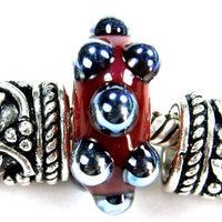 Handmade Large Hole Lampwork Beads, Art Glass Charms Red Blue Metallic Dots