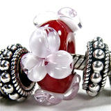 Handmade Large Hole Lampwork Beads, Lampwork Glass Flower Beads Red Pink