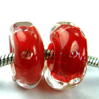Handmade Large Hole Lampwork Beads, Artisan Bracelet Bead, Nugget CZ Red Encased
