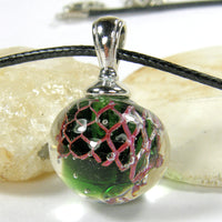 Green and Copper Mesh Lampwork Pendant Necklace Globe
