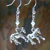 Silver Galloping Horse Earrings, Swarovski Crystals, Handmade Jewelry