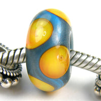 Handmade Large Hole Lampwork Beads, Glass Charms Dark Sky Blue Apricot Dots