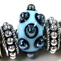 Handmade Large Hole Lampwork Beads, Glass European Beads, Sky Blue Black Dots