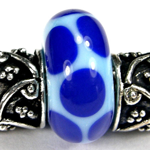 Handmade Large Hole Lampwork Beads, Glass Slider Charm Sky Blue Cobalt Dots Shiny