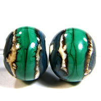 Handmade Lampwork Glass Beads, Southwest Ivory Turquoise Petroleum Green Shiny