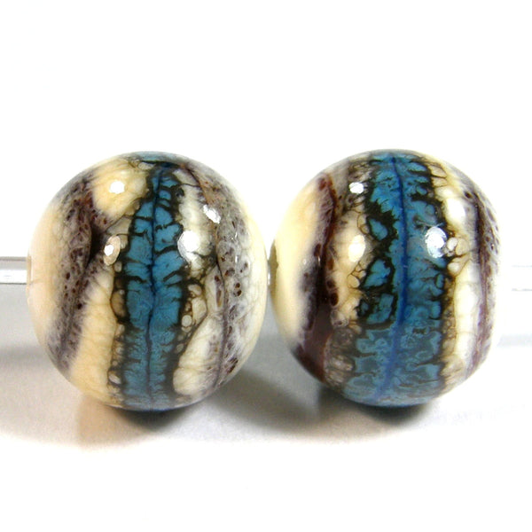 Handmade Lampwork Glass Beads, Southwest Ivory Turquoise Brown Shiny