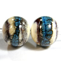 Handmade Lampwork Glass Beads, Southwest Ivory Turquoise Brown Shiny