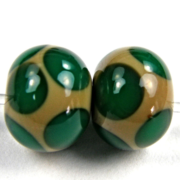Handmade Lampwork Glass Dot Beads, Sage Green Teal Shiny