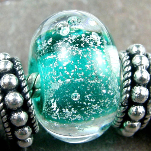 Handmade Large Hole Lampwork Beads, Artisan Glass Teal Green Dichroic
