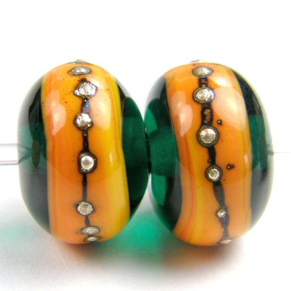 Handmade Lampwork Glass Band Beads, Teal Apricot Orange Silver Shiny
