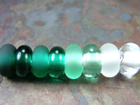 Example Group Of Dark Teal, Light Teal, Pale Emerald Green ClearHandmade Large Hole Lampwork Beads Etched and Shiny