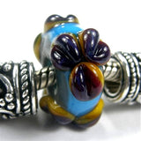 Handmade Large Hole Lampwork Beads, Artisan Glass Charm Flowers Rustic Sky Blue