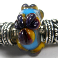 Handmade Large Hole Lampwork Beads, Artisan Glass Charm Flowers Rustic Sky Blue