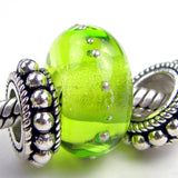Handmade Large Hole Lampwork Beads, European Glass Charm, Light Grass Green Silver