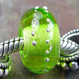 Handmade Large Hole Lampwork Beads, European Glass Charm, Light Grass Green Silver