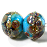 Handmade Lampwork Frit Beads, Dark Sky Blue Raku Silver Encased