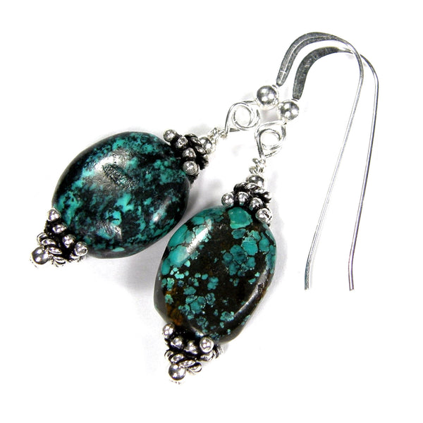 Genuine Turquoise Dangle Earrings, Sterling Silver, Artisan Handmade Jewelry