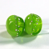 Handmade Lampwork Glass Bead Pairs, Two Tone Green Silver Nugget Shiny