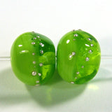Handmade Lampwork Glass Bead Pairs, Two Tone Green Silver Nugget Shiny