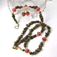 Unakite Gemstone and Coral Lampwork Necklace Set, Gold, Handmade Jewelry