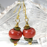 Unakite Gemstone and Coral Lampwork Necklace Set, Gold, Handmade Jewelry