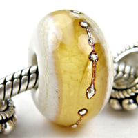 Handmade Large Hole Lampwork Beads, Ivory Pale Amber Band Silver Shiny