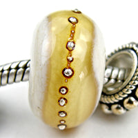 Handmade Large Hole Lampwork Beads, Ivory Pale Amber Band Silver Shiny