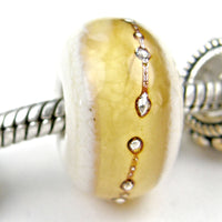 Handmade Large Hole Lampwork Beads, Ivory Pale Amber Band Silver Shiny