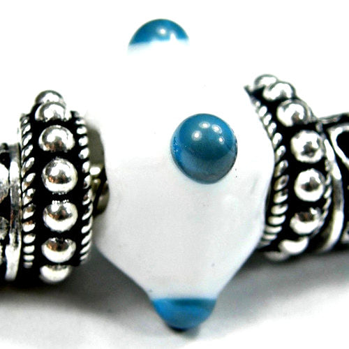 Handmade Large Hole Lampwork Beads, Glass Diamond Beads, White Sky Blue