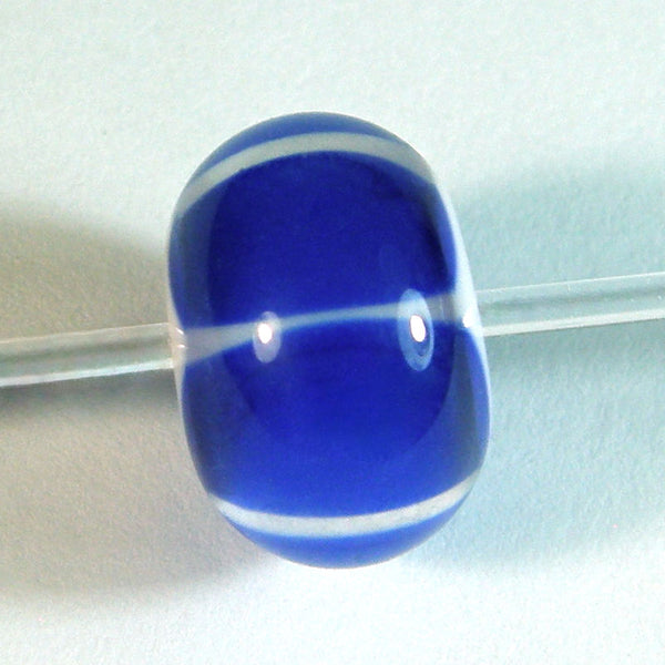Handmade Lampwork Glass Striped Beads, Cobalt Blue White Encased Shiny