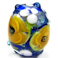 Handmade Lampwork Glass Focal Bead, Blue Barrel White Yellow Flowers Shiny