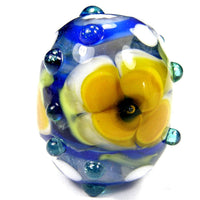 Handmade Lampwork Glass Focal Bead, Blue Barrel White Yellow Flowers Shiny