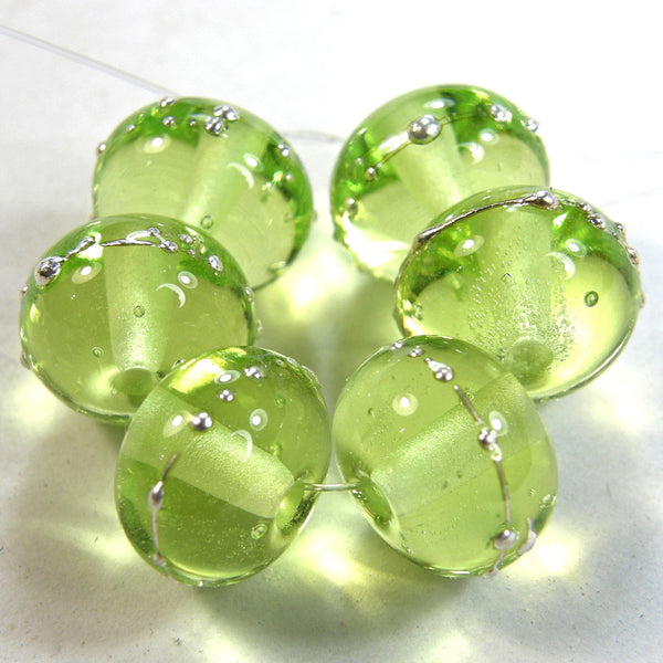 Handmade Lampwork Glass Beads, Yellow Green Silver Shiny 071gfs